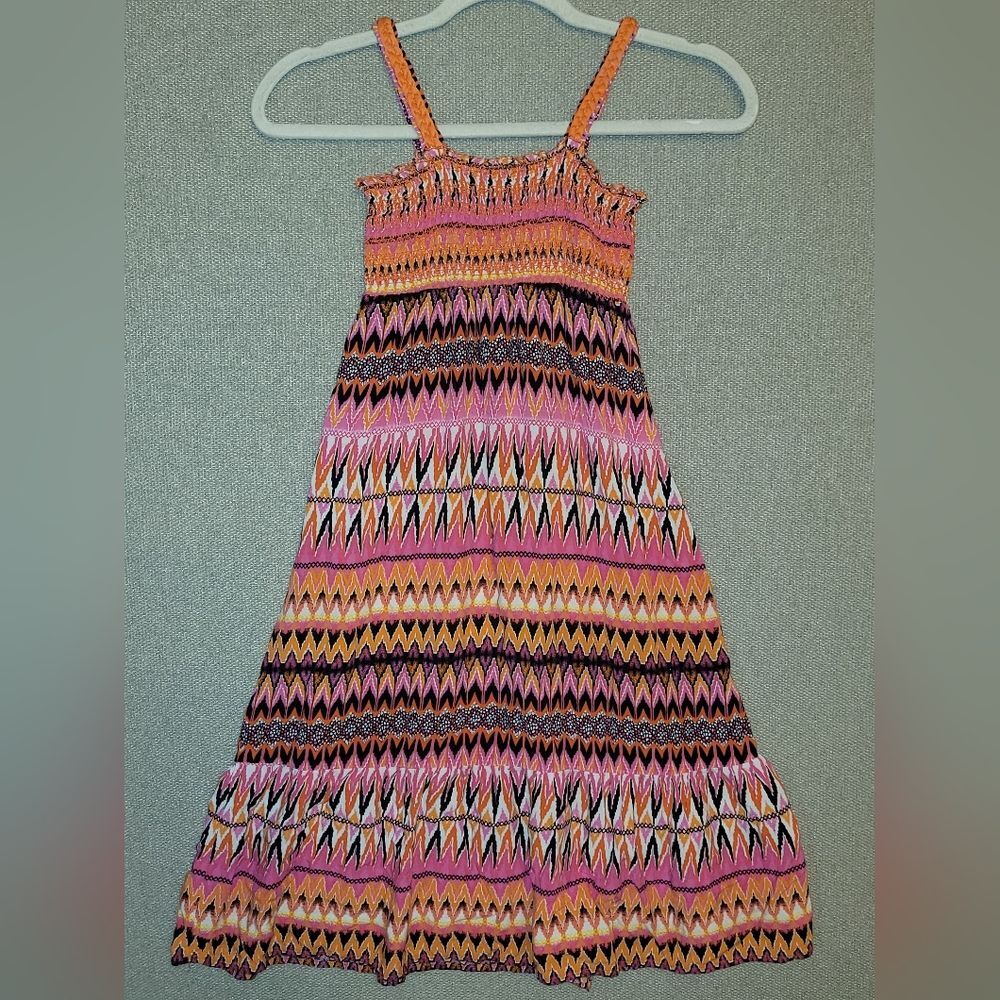 Girls M 7-8 Colorful Zigzag Patterned Boho Smocked Tank Top Kids Dress